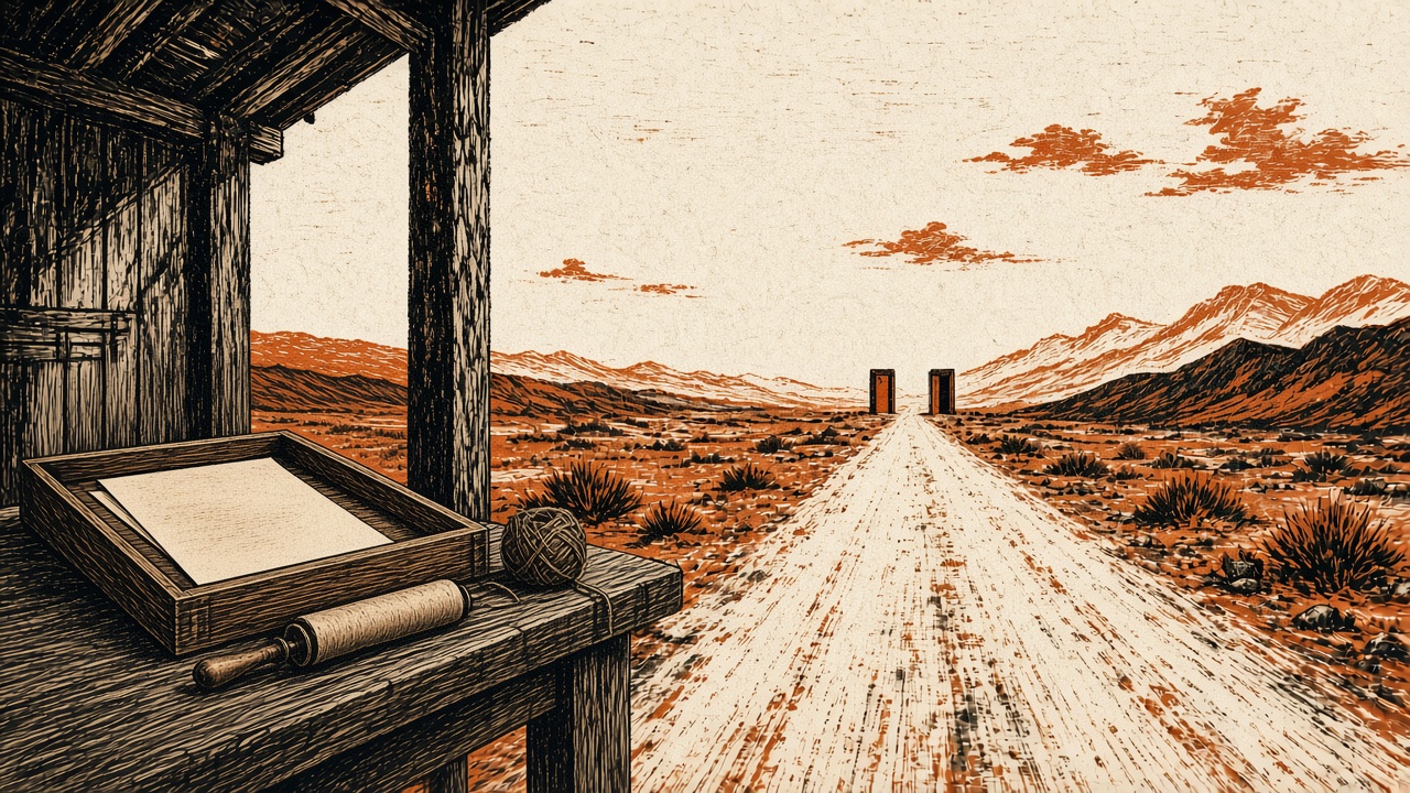A letter tray and ink roller on a wooden bench, with a long road toward two distant doorways.