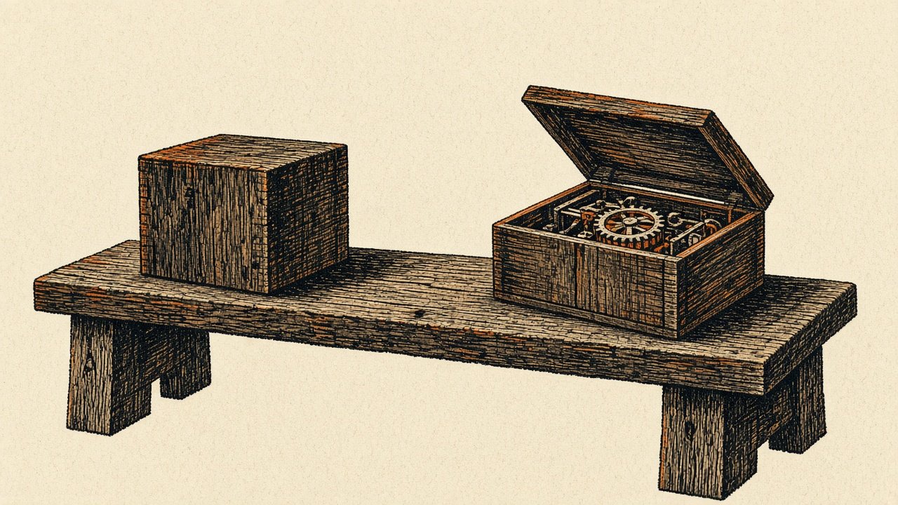 A sealed wooden cube beside an opened box whose inner mechanism is different. Illustration for Build something meaningfully different.