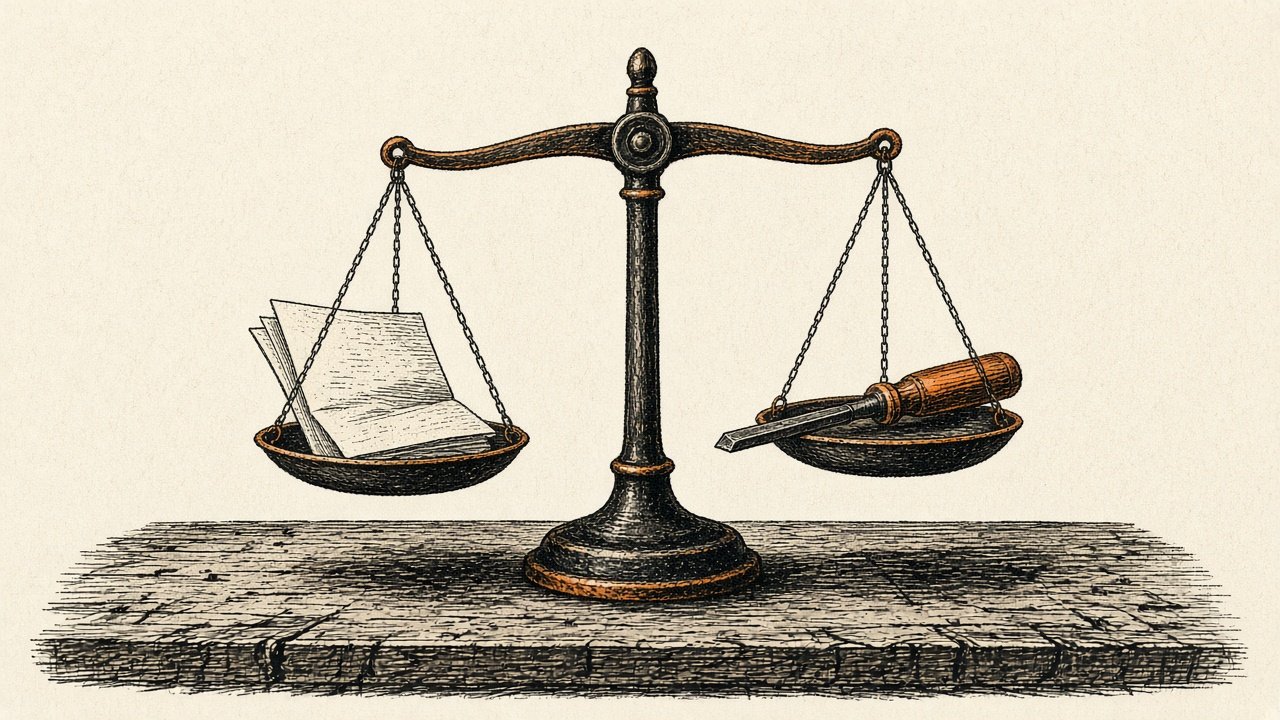 A balance scale with a folded blank sheet in one pan and a worn chisel in the other. Illustration for Experiments beat assumptions.