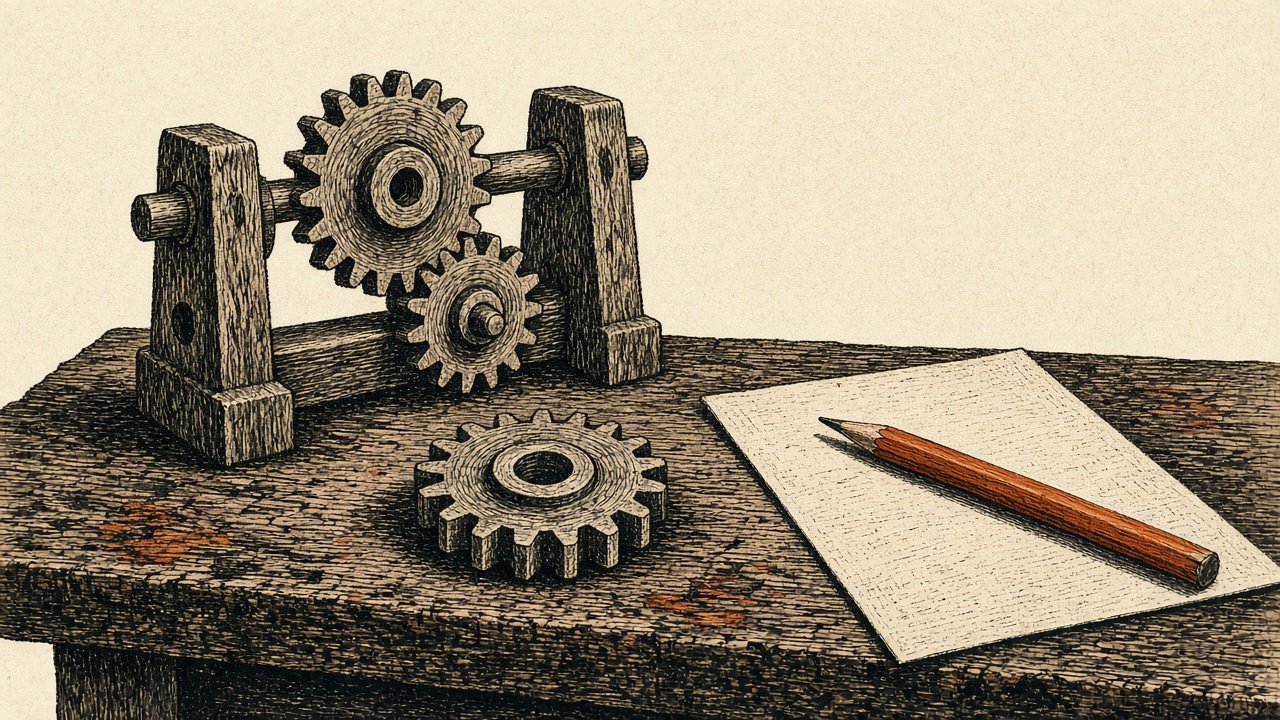 A wooden gear train with one gear slipped off its axle, and a pencil on a blank sheet. Illustration for Learn by building and correcting.