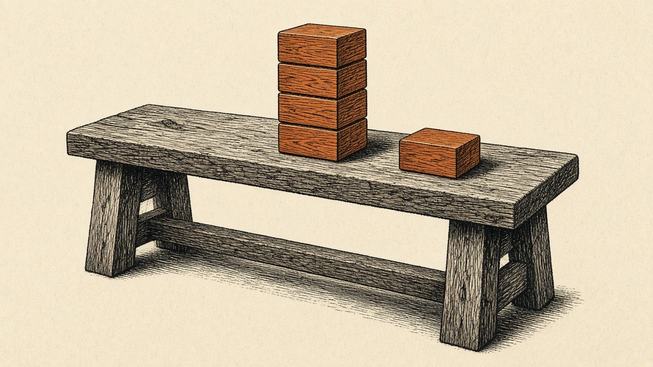 A short stack of identical wooden blocks on a bench, with one more block waiting beside it. Illustration for Small improvements compound.