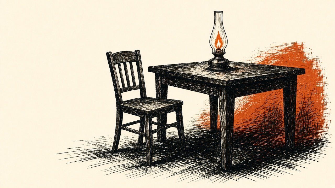 An empty chair pulled back from a table, with a single oil lamp lit beside it. Illustration for Think independently, remain open to correction.