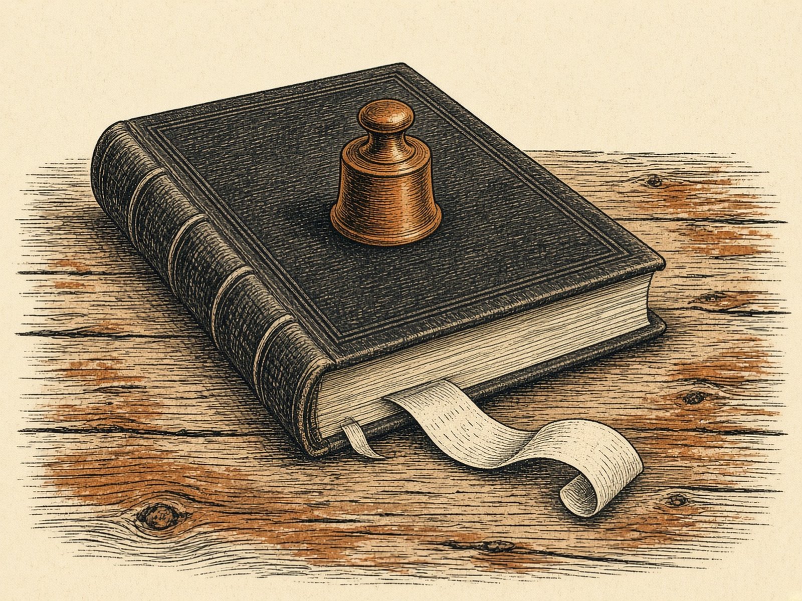 A closed book with a brass weight on the cover and a blank paper tape curling out.