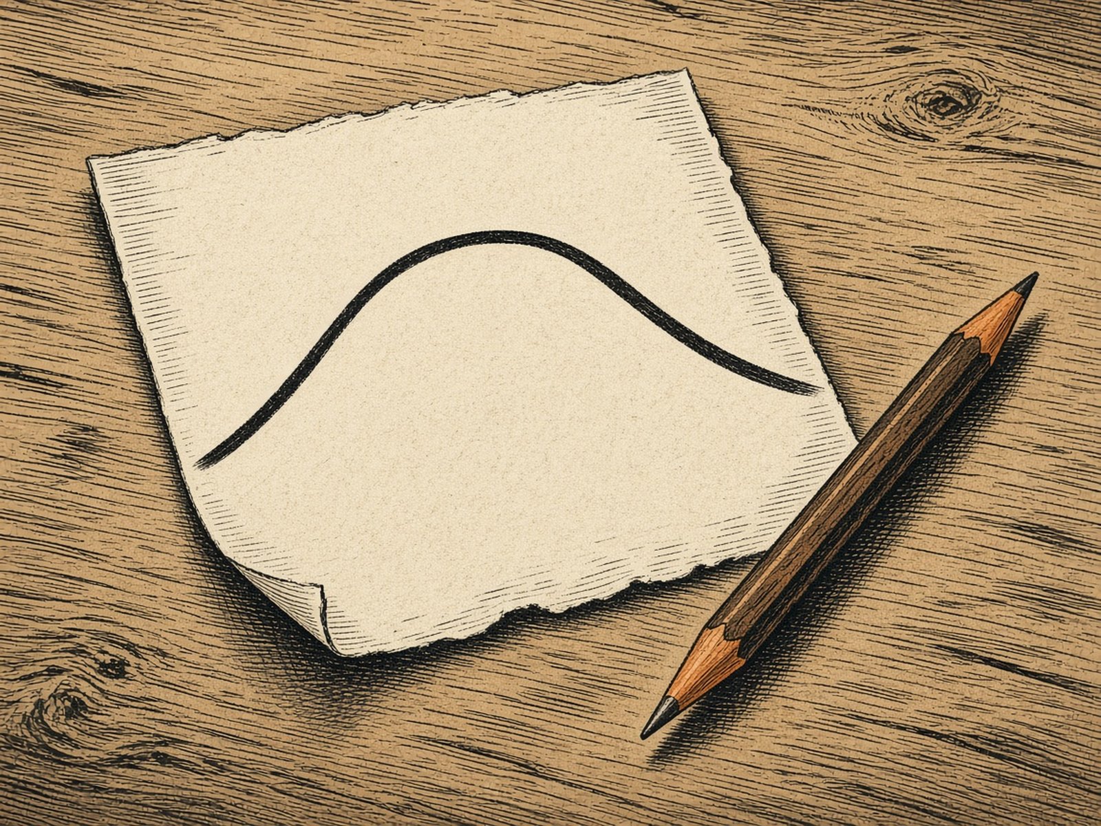 A sheet of paper with a single curve that rises and falls, and a pencil beside it.