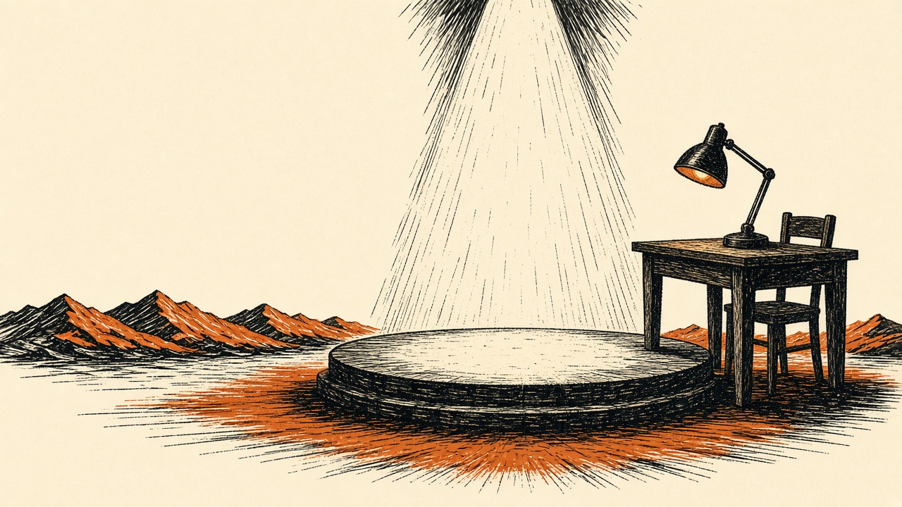 An empty stage under a spotlight, beside an ordinary desk with the lamp still on. Illustration for Building AI products beyond the demo.