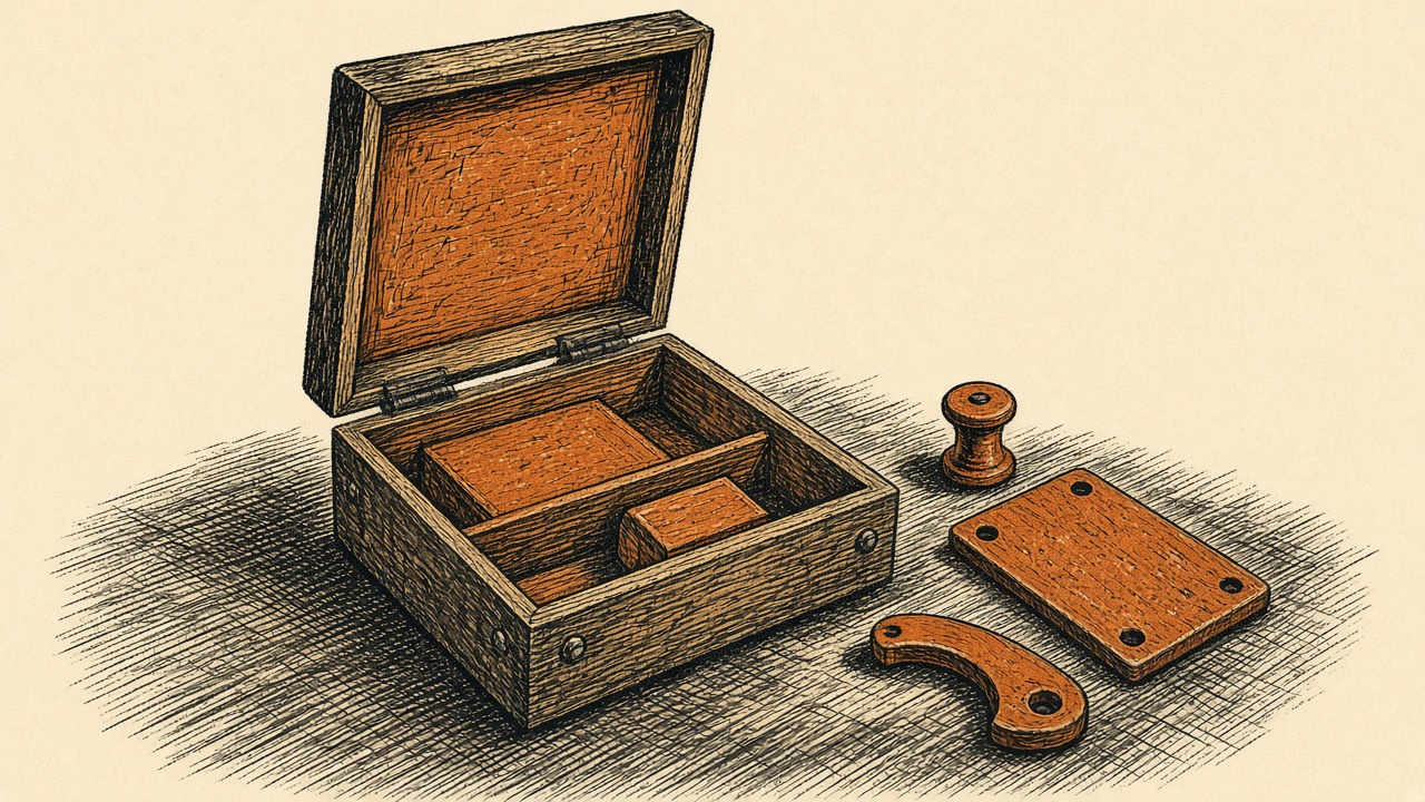 A rough prototype opened on a table, with loose parts beside it. Illustration for Building to Learn.
