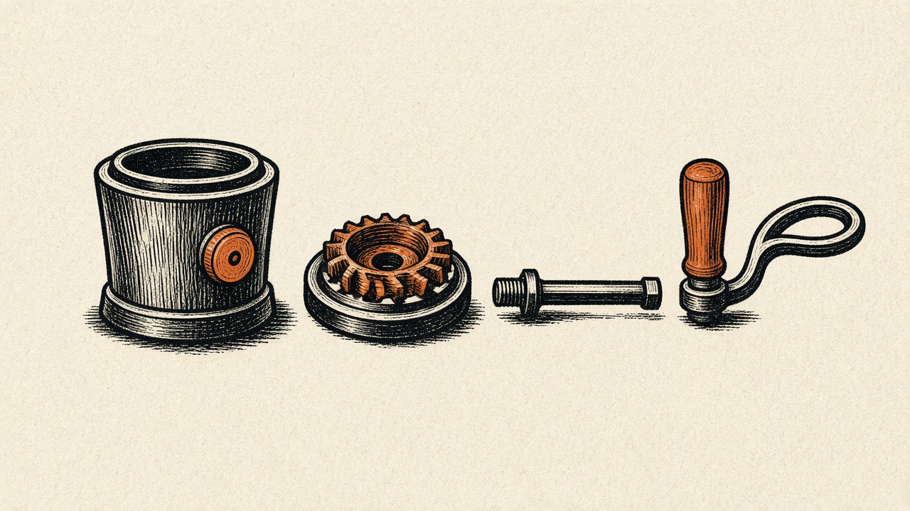 A product taken apart, its few pieces laid out in a line. Illustration for First Principles in Product Development.