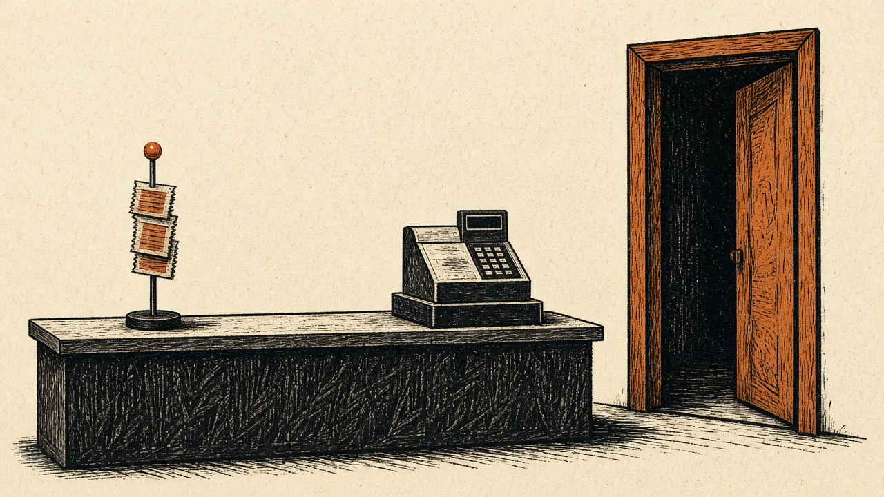 A restaurant counter with an order spike, a till, and a doorway. Illustration for Lessons from building products for real businesses.