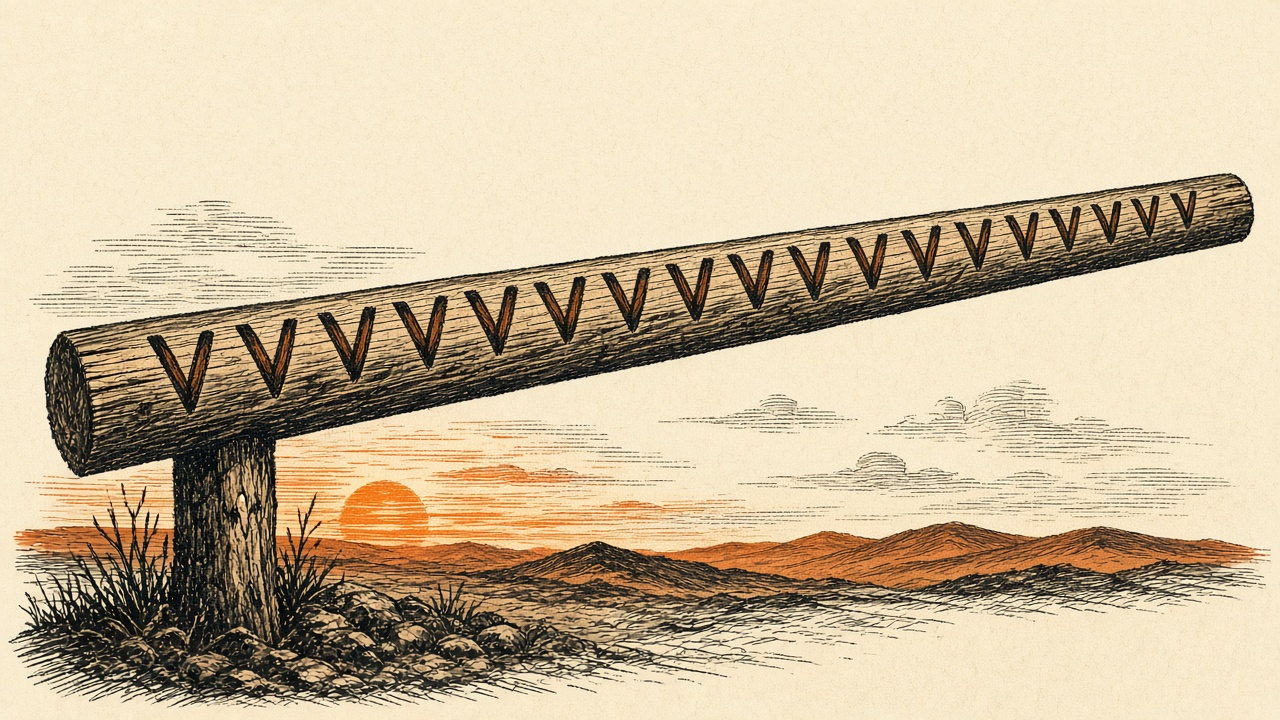 A wooden rail marked with a long row of identical daily notches. Illustration for Systems Over Motivation.