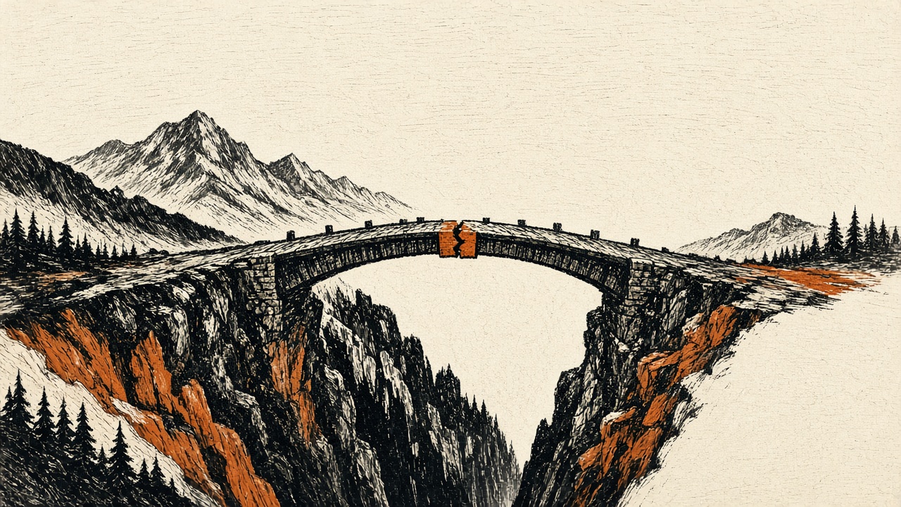 A small bridge with the joint where it could fail drawn as clearly as the span. Illustration for Thinking about risk as an engineer.