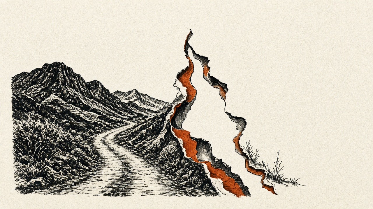 A drawn road that ends where the map is torn, and blank paper beyond it. Illustration for What backtesting can and cannot tell you.
