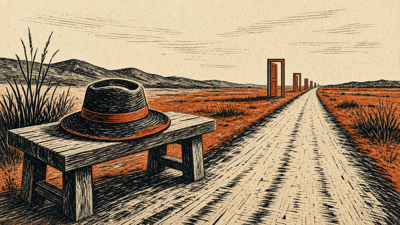 A finished object on a bench, and a long empty road toward distant doorways. Illustration for Why distribution is harder than building.